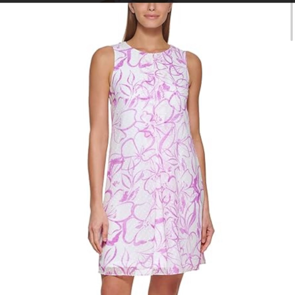 DKNY Women’s Swiss Dot Trapeze Sleeveless Cream Multi Dress Lined Sheer Sz 10 12